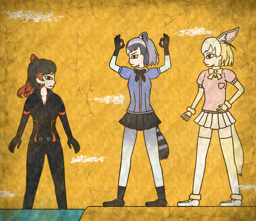 3girls 7kita animal_ears black_bow black_eyes black_gloves black_hair black_legwear black_pants black_shirt black_shoes black_skirt blonde_hair blue_shirt bow breasts cleavage closed_eyes closed_mouth commentary_request common_raccoon_(kemono_friends) crack double_ok_sign egyptian_art fennec_(kemono_friends) fox_ears fox_tail from_side full_body fur_collar fur_trim gloves grey_hair highres hippopotamus_(kemono_friends) hippopotamus_ears kemono_friends kita_(7kita) large_breasts legs_apart long_hair medium_breasts multicolored_hair multiple_girls orange_hair pants partially_submerged pink_sweater pleated_skirt profile puffy_short_sleeves puffy_sleeves raccoon_ears raccoon_tail shirt shoes short_hair short_sleeves skirt standing striped_tail sweater tail thigh-highs two-tone_hair water white_hair white_shoes yellow_background yellow_bow yellow_gloves yellow_skirt