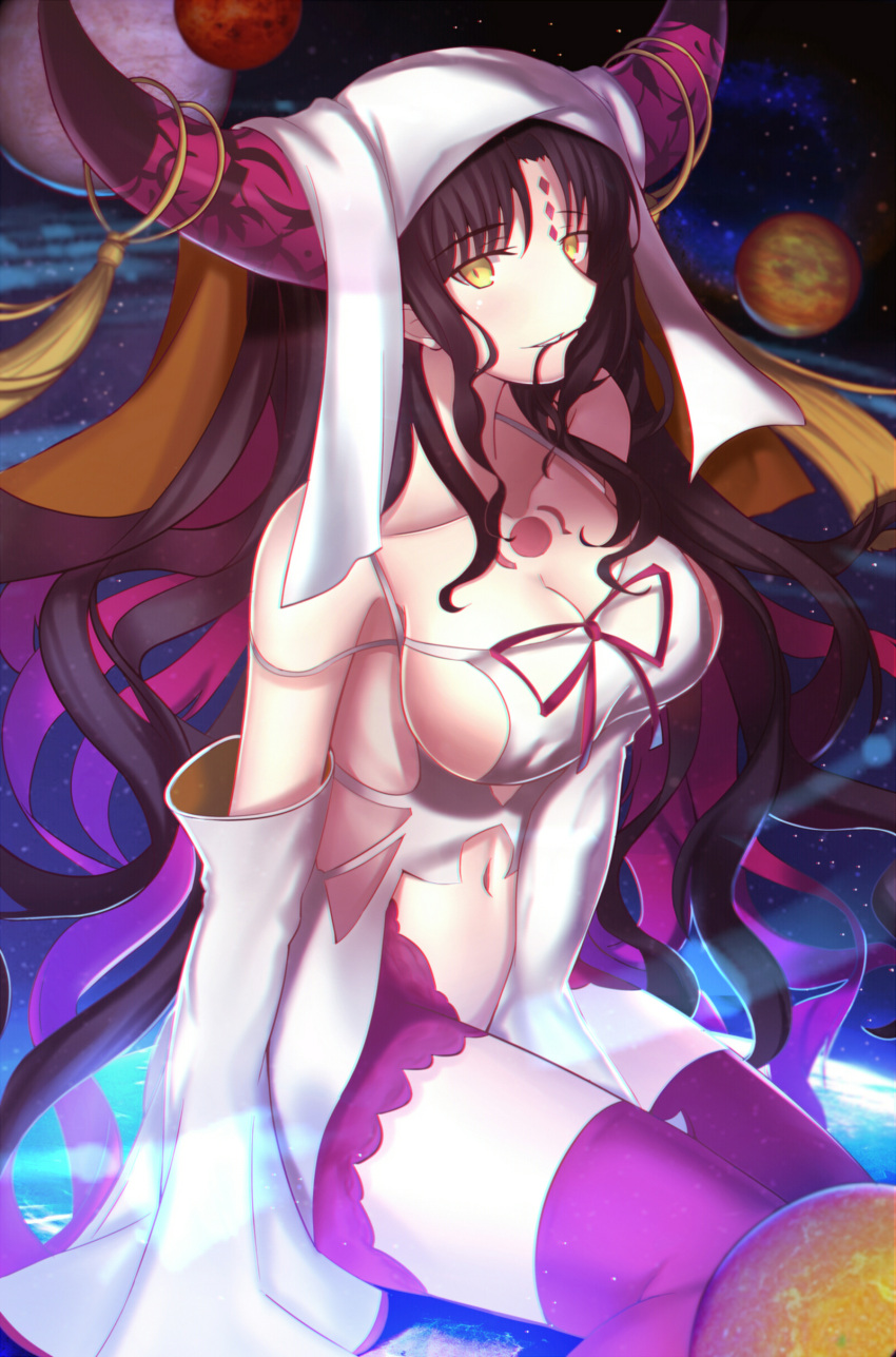 1girl absurdres bare_shoulders breasts brown_hair cleavage detached_sleeves facial_mark fate/extra fate/extra_ccc fate_(series) forehead_mark hair_in_mouth highres horn_ring horns large_breasts long_hair looking_at_viewer looking_to_the_side multicolored_hair navel paperfinger parted_lips planet sesshouin_kiara sideboob sitting solo tattoo thigh-highs two-tone_hair veil yellow_eyes zettai_ryouiki