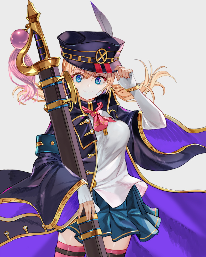 1girl bandaid bandaid_on_face blonde_hair blue_eyes blue_skirt coat cosplay granblue_fantasy hat highres kantai_collection long_hair low_twintails military_hat miniskirt monica_(granblue_fantasy) monica_(granblue_fantasy)_(cosplay) necktie peaked_cap pleated_skirt prinz_eugen_(kantai_collection) red_necktie ruisento skirt smile solo thigh-highs twintails