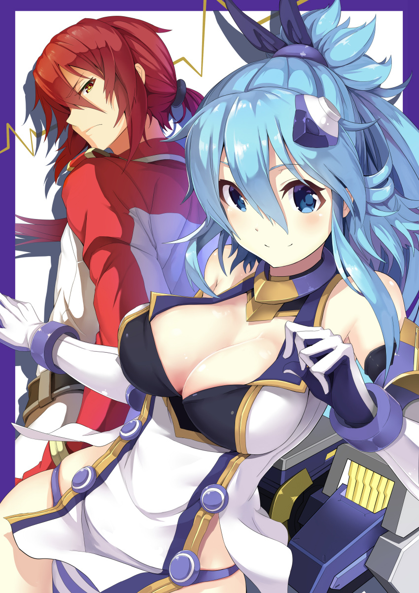 1boy 1girl absurdres bangs blue_bow blue_eyes blue_hair blush bow breasts cleavage closed_mouth elbow_gloves gloves hair_between_eyes hair_bow headgear highres jacket jie_laite large_breasts long_hair looking_at_another looking_at_viewer mecha_musume original panties ponytail purple_border purple_panties redhead sidelocks skindentation smile striped striped_panties underwear white_background white_gloves white_panties yellow_eyes