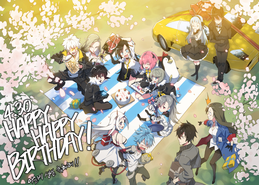 /\/\/\ 5boys 6+girls ^_^ ahoge asymmetrical_bangs bangs birthday birthday_cake black_hair black_legwear blue_eyes blue_hair blush brown_eyes butler cake car closed_eyes closers coat drawing expressionless fang food formal gift glaring glasses grey_hair ground_vehicle hairband happy_birthday harpy_(closers) highres holding holding_food horns hyde_(closers) j_(closers) jacket jar kim_yujeong kneehighs levia_(closers) long_hair looking_at_another looking_to_the_side meat mistelteinn motor_vehicle multiple_boys multiple_girls nata_(closers) open_clothes open_coat open_jacket open_mouth outdoors pants pantyhose petals picnic pink_hair ponytail red_eyes sanpaku seha_lee semi-rimless_glasses seulbi_lee silver_hair sitting sketchbook solid_circle_eyes standing straight_hair suit sunglasses supernew teeth trainer_(closers) tsurime under-rim_glasses violet_(closers) white_hair