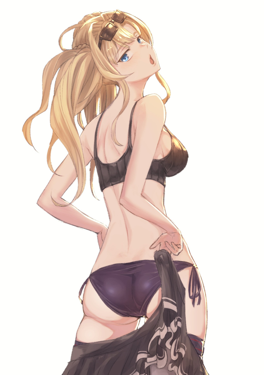 1girl :o absurdres ass back bangs bare_arms bare_shoulders bikini black-framed_eyewear black_ribbon blonde_hair blue_eyes breasts commentary_request cowboy_shot emoshon eyebrows_visible_through_hair from_behind granblue_fantasy highres holding legs_together long_hair looking_back medium_breasts open_mouth ribbon sarong shoulder_blades side-tie_bikini sideboob simple_background skindentation solo standing strap_gap sunglasses sunglasses_on_head swimsuit thigh_strap tsurime twintails undressing white_background zeta_(granblue_fantasy)