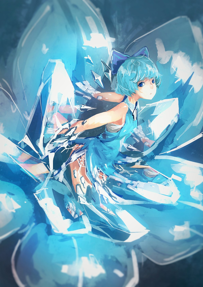1girl adapted_costume alternate_costume blue_dress blue_eyes blue_hair blurry bow cirno commentary_request dress fairy flower hair_bow hair_ornament highres ice ice_wings kaatoso kneeling looking_at_viewer shirt short_hair sleeveless solo touhou vest wings