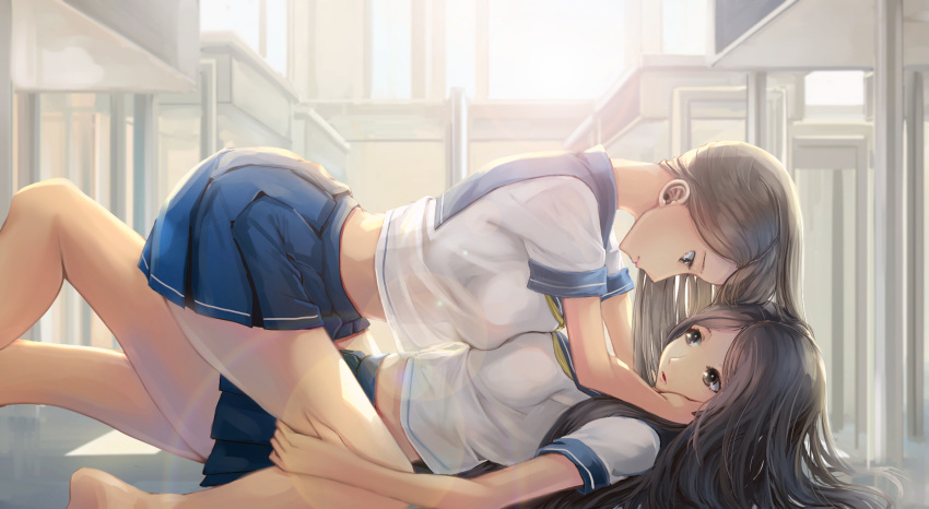 2girls brown_hair desk eye_contact girl_on_top hands_on_another's_face highres kikivi long_hair looking_at_another lying midriff multiple_girls on_back original sailor_collar school_uniform skirt sunlight window yuri