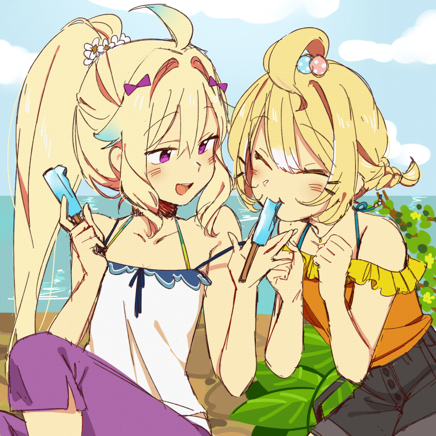 2girls absurdly_long_hair absurdres ahoge alternate_hairstyle bangs bare_shoulders bell black_shorts blonde_hair blue_hair blush bob_cut bow breasts camisole chuu_shiyou clouds eating enna_alouette eyebrows_visible_through_hair feeding flower food hair_flower hair_ornament hairclip highres jingle_bell long_hair looking_at_another millie_parfait multicolored_hair multiple_girls nijisanji nijisanji_en orange_shirt pants ponytail popsicle purple_bow purple_pants shirt short_hair short_twintails shorts sky sleeveless small_breasts smile tree twintails very_long_hair violet_eyes virtual_youtuber water white_camisole white_flower yuri
