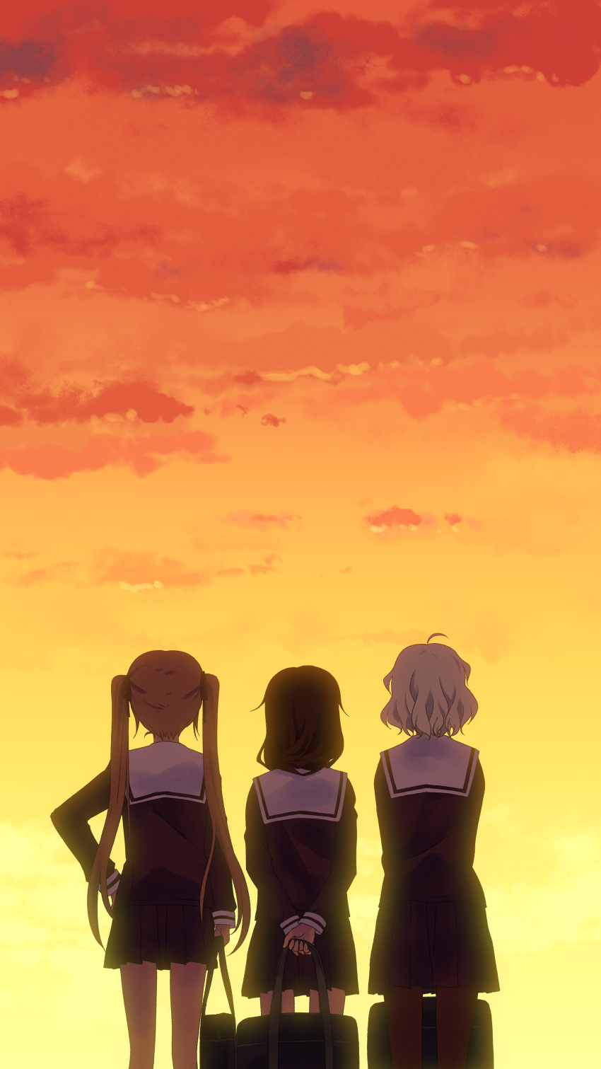 3girls absurdres arms_behind_back cowboy_shot from_behind highres long_hair long_sleeves multiple_girls orange_sky original outdoors school_uniform short_hair sky standing sunlight sunset twintails yuuki_tatsuya