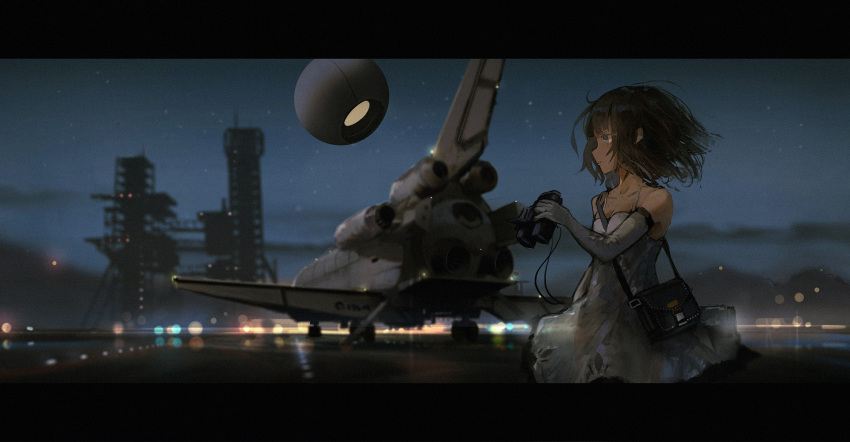 1girl aircraft airplane black_hair blue_eyes highres looking_away novelance original short_hair solo