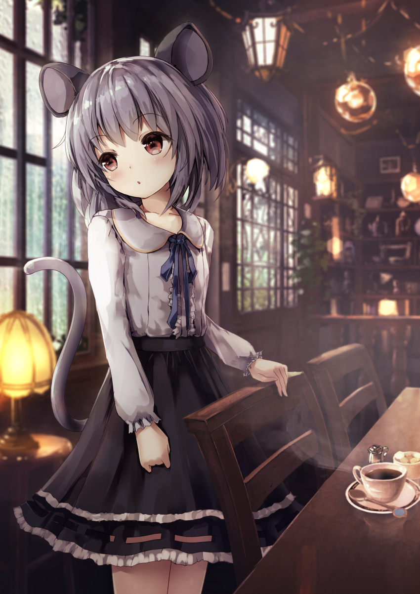 1girl :o animal_ears bangs black_skirt blue_ribbon blurry blush breasts ceiling ceiling_light center_frills chair coffee coffee_cup cowboy_shot cup depth_of_field desk_lamp eyebrows eyebrows_visible_through_hair frilled_sleeves frills grey_hair head_tilt highres indoors lamp long_sleeves looking_away looking_to_the_side miniskirt missile228 mouse_ears mouse_tail nazrin neck_ribbon plant plate potted_plant red_eyes ribbon ribbon-trimmed_skirt ribbon_trim shirt short_hair skirt small_breasts solo spoon standing sugar sugar_cube table tail touhou white_shirt window wooden_chair wooden_table