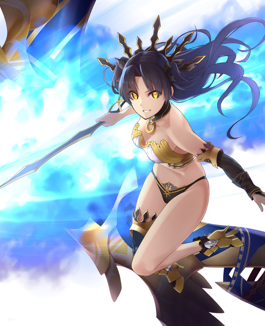 &gt;:) 1girl absurdres armor armored_boots bare_shoulders black_hair black_legwear black_panties black_ribbon boots breasts bridal_gauntlets choker cleavage enosan fate/grand_order fate_(series) floating_hair from_side hair_intakes hair_ribbon high_heel_boots high_heels highres holding holding_sword holding_weapon ishtar_(fate/grand_order) long_hair looking_at_viewer looking_to_the_side medium_breasts open_mouth panties parted_lips revealing_clothes ribbon single_thighhigh smile solo stomach sword thigh-highs tiara tohsaka_rin toosaka_rin two_side_up underwear weapon yellow_eyes