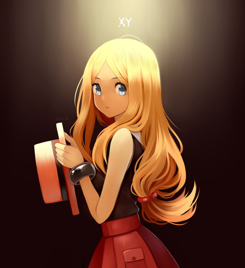 1girl absurdres artist_name bangle black_background blue_eyes bracelet brown_hair hat hat_removed headwear_removed highres jewelry long_hair looking_at_viewer looking_to_the_side low-tied_long_hair open_mouth pleated_skirt pokemon pokemon_(game) pokemon_xy ponytail red_skirt ropang serena_(pokemon) simple_background skirt sleeveless solo