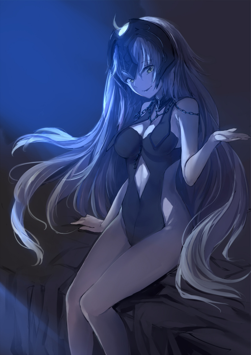 1girl ahoge bed_sheet black_leotard breasts chains cleavage fate/apocrypha fate/grand_order fate_(series) grey_hair hand_up headpiece highres jeanne_alter legs_together leotard long_hair looking_at_viewer medium_breasts night parted_lips ruler_(fate/apocrypha) silver_(chenwen) sitting smile solo strapless strapless_leotard thighs very_long_hair yellow_eyes