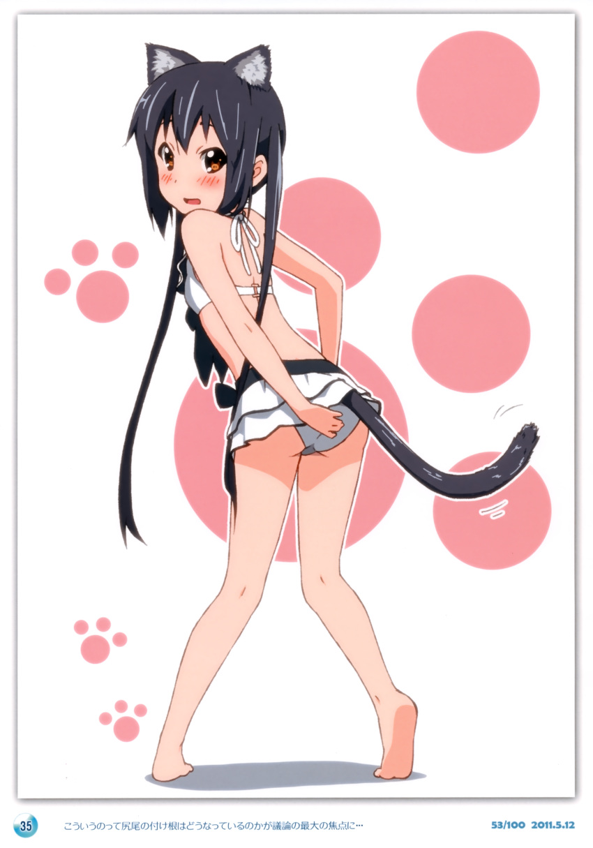 1girl 2011 absurdres animal_ears barefoot bikini black_hair blush brown_eyes cat_ears cat_tail dated errant feet from_behind full_body highres k-on! kemonomimi_mode long_hair looking_back nakano_azusa paw_print solo swimsuit tail twintails