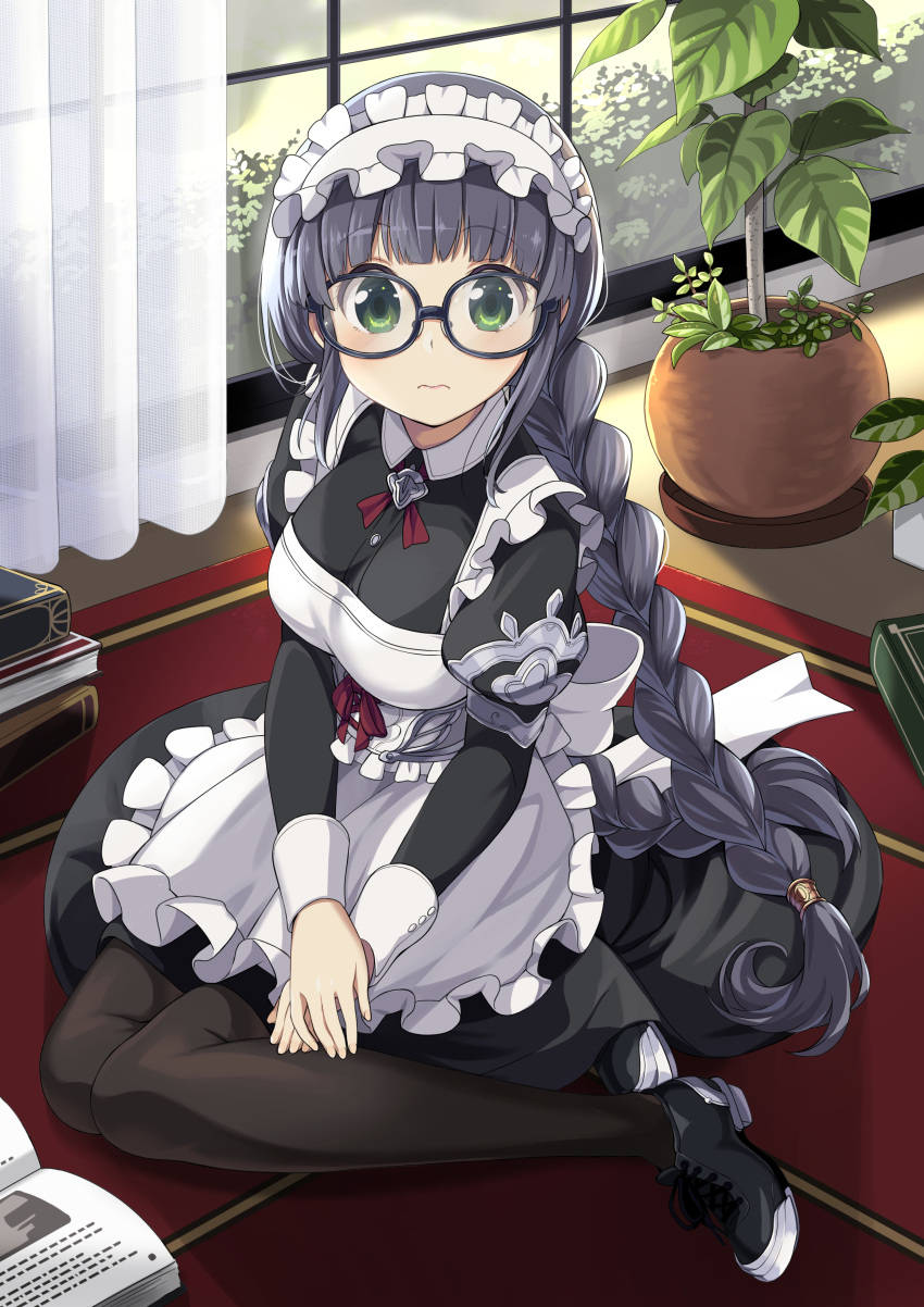 1girl 3: absurdres apron bangs black-framed_eyewear black_hair black_legwear blunt_bangs blush book braid breasts bush curtains full_body glasses green_eyes highres indoors large_breasts long_hair long_sleeves looking_at_viewer maid maid_headdress original pantyhose plant potted_plant sitting solo twin_braids very_long_hair wara_(warapro) white_apron window