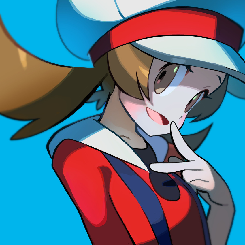 1girl absurdres blush brown_eyes brown_hair cabbie_hat hat highres kotone_(pokemon) looking_at_viewer open_mouth pokemon pokemon_(game) pokemon_hgss red_shirt shirt simple_background smile solo suspenders tokiya twintails v