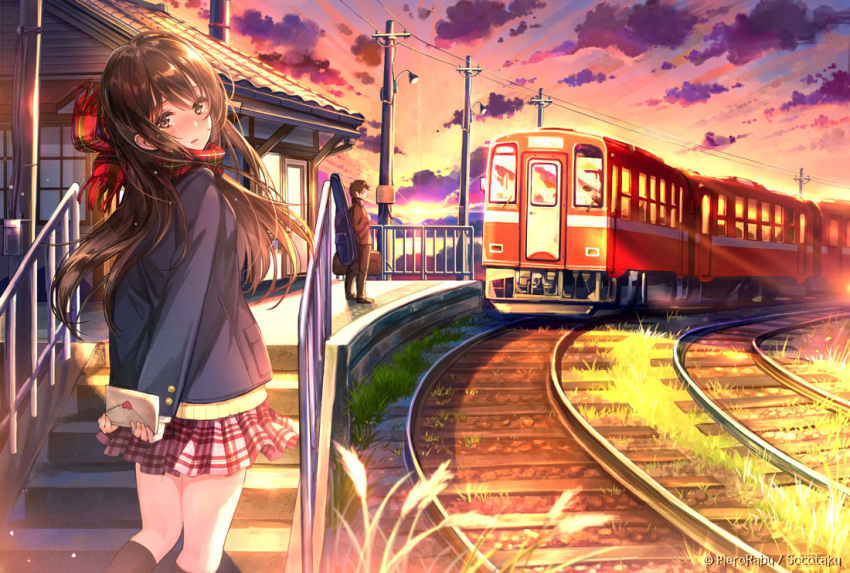 1boy 1girl bangs black_legwear blush brown_eyes brown_hair evening fringe grass ground_vehicle kneehighs letter looking_at_viewer looking_back love_letter nose_blush original outdoors parted_lips pierorabu pink_skirt plaid plaid_scarf plaid_skirt railroad_tracks red_scarf scarf scenery school_uniform skirt solo_focus stairs thighs train train_station
