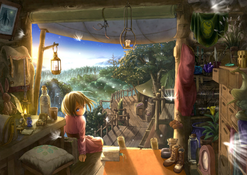 1girl backpack backpack_removed bag blue_eyes blush book boots brown_hair candle clock compass crystal forest highres jar lantern looking_at_viewer looking_back mountain nature original painting_(object) poppo_sutchy short_hair solo star stuffed_animal stuffed_bunny stuffed_toy sunset whale