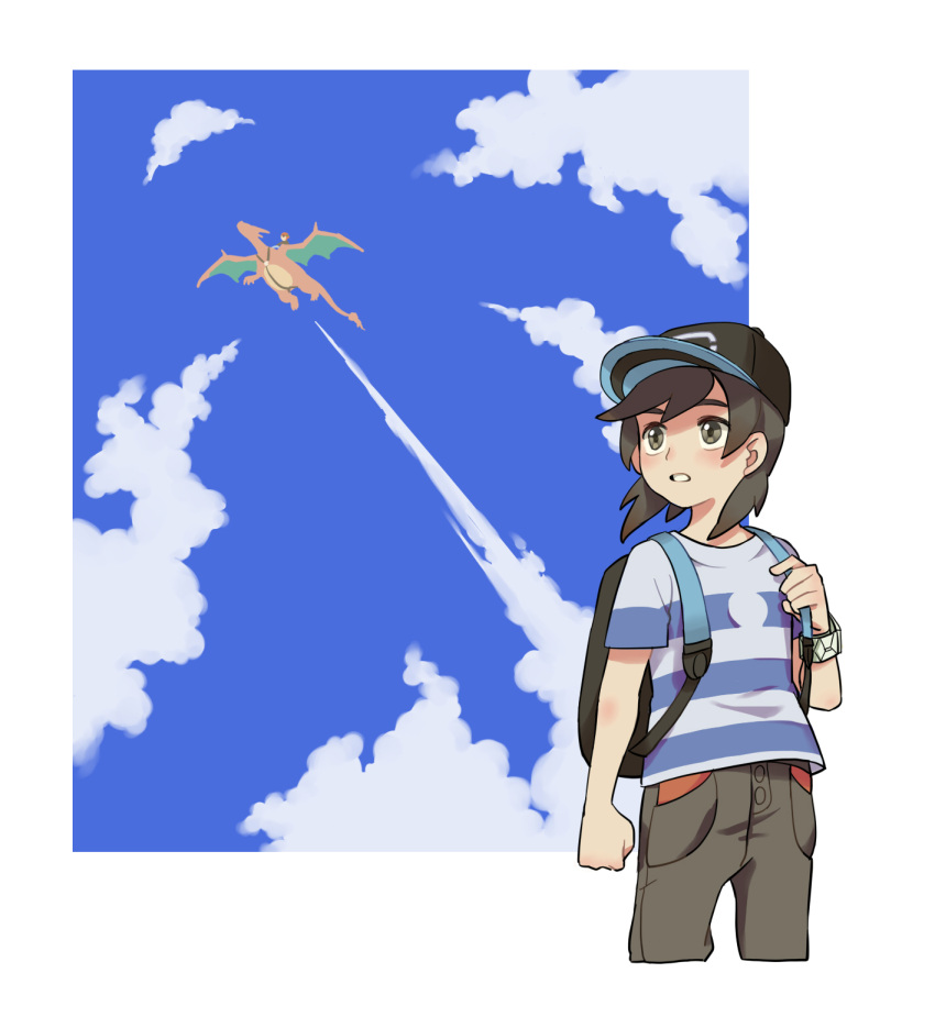 1boy bag baseball_cap black_eyes black_hair black_pants blue_sky blush charizard clouds day hat highres male_protagonist_(pokemon_sm) pants pokemon pokemon_(game) pokemon_sm shirt simple_background sky solo striped striped_shirt teeth white_background you_(pokemon_sm) z-ring