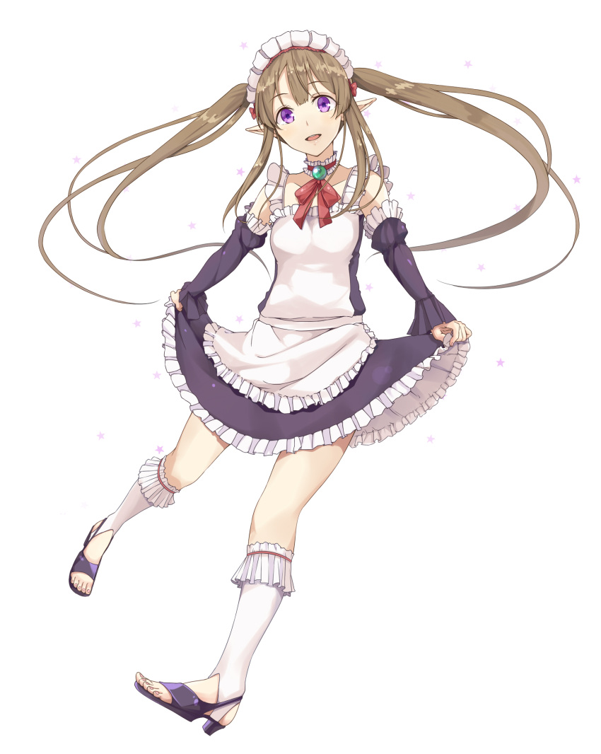 1girl apron black_dress brown_hair choker collarbone detached_sleeves dress eyebrows_visible_through_hair floating_hair frilled_dress frills full_body haine head_tilt highres kneehighs long_hair looking_at_viewer maid_headdress myucel_foalan open_mouth outbreak_company pointy_ears red_ribbon ribbon short_dress simple_background skirt_hold sleeveless sleeveless_dress solo twintails very_long_hair violet_eyes white_apron white_background white_legwear