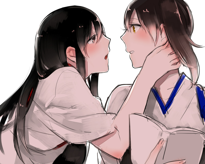 2girls akagi_(kantai_collection) book breasts brown_eyes brown_hair commentary_request eye_contact from_side hakama_skirt hand_on_another's_head highres holding holding_book japanese_clothes kaga_(kantai_collection) kantai_collection long_hair looking_at_another medium_breasts multiple_girls muneate parted_lips short_hair shuu-0208 simple_background upper_body white_background yuri