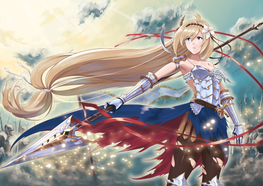 1girl absurdly_long_hair armor armored_boots armpits belt black_hairband black_legwear blue_eyes boots breastplate breasts breasts_plate chokuro cleavage clouds cloudy_sky collarbone eyebrows_visible_through_hair floating_hair flower gauntlets granblue_fantasy hair_between_eyes hair_flower hair_ornament hairband highres holding holding_weapon jeanne_d'arc_(granblue_fantasy) light_brown_hair long_hair low-tied_long_hair medium_breasts outdoors pantyhose parted_lips polearm sky sleeveless solo spaulders spear standing sword torn_clothes torn_pantyhose very_long_hair weapon white_feathers white_flower
