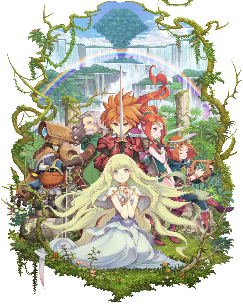 armor beard blonde_hair closed_eyes dress facial_hair floating_hair flower gloves haccan hair_flower hair_ornament hands_clasped harp highres holding holding_sword holding_weapon instrument kneeling long_hair looking_at_viewer official_art outdoors ponytail rainbow redhead robot seiken_densetsu smile standing sword very_long_hair water waterfall weapon