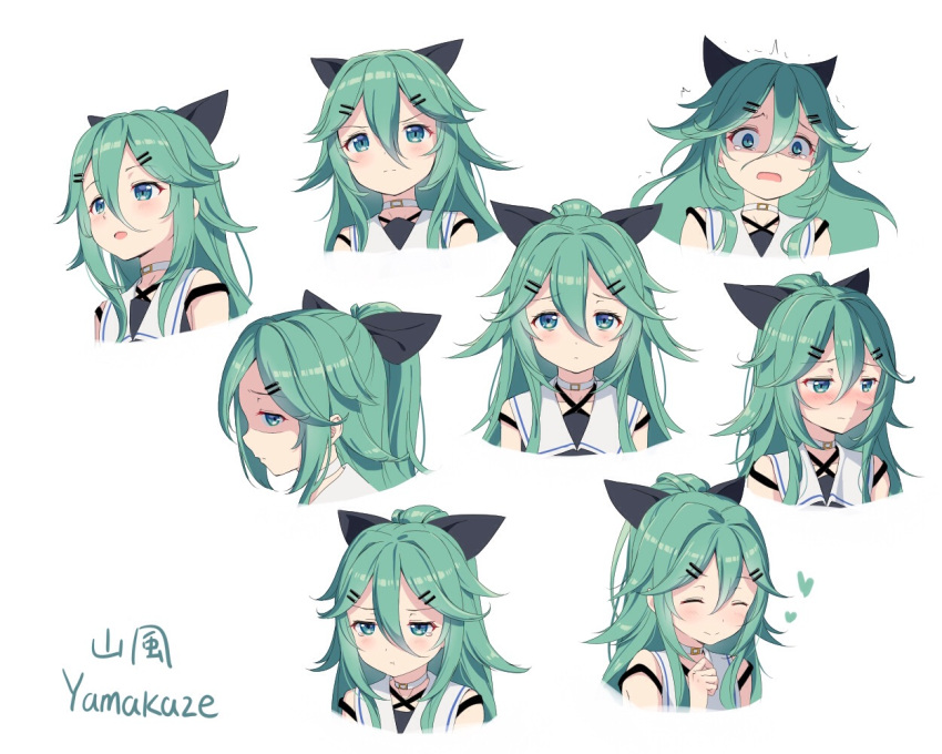 1girl black_serafuku blush choker cnm commentary_request expressions green_hair hair_between_eyes hair_ornament hair_ribbon hairclip heart kantai_collection long_hair looking_at_viewer multiple_views open_mouth ribbon school_uniform serafuku shaded_face smile surprised tears yamakaze_(kantai_collection)