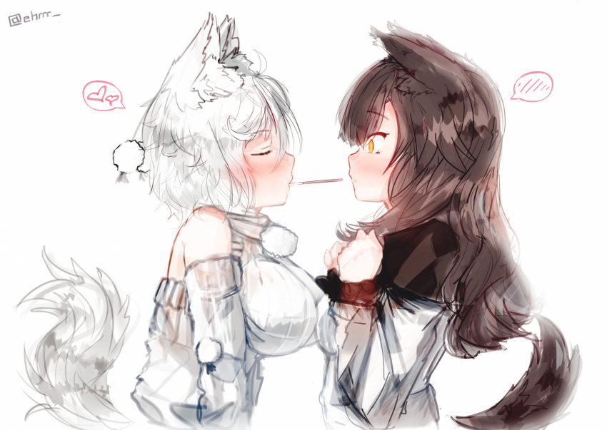 2girls animal_ears bare_shoulders blush breasts brown_hair capelet detached_sleeves ehrrr food highres imaizumi_kagerou inubashiri_momiji large_breasts long_hair multiple_girls nose_blush pocky pocky_kiss ribbed_sweater shared_food short_hair sketch sweater tail touhou turtleneck turtleneck_sweater white_hair wolf_ears wolf_tail yellow_eyes yuri