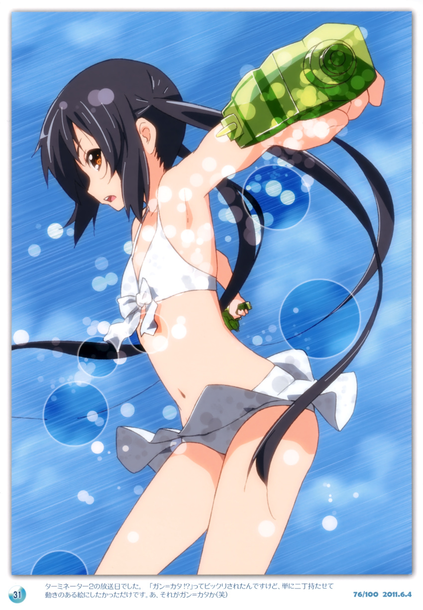 1girl 2011 absurdres armpits black_hair brown_eyes dated dual_wielding errant foreshortening highres k-on! long_hair nakano_azusa outstretched_arms solo spread_arms swimsuit twintails water_gun