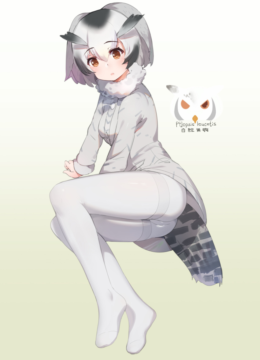 1girl absurdres ass black_hair blush brown_eyes coat fur_collar grey_legwear head_wings highres kemono_friends long_sleeves looking_at_viewer multicolored_hair no_shoes northern_white-faced_owl_(kemono_friends) open_mouth pantyhose short_hair simple_background solo thighband_pantyhose white_hair ze_(wzfnn001)