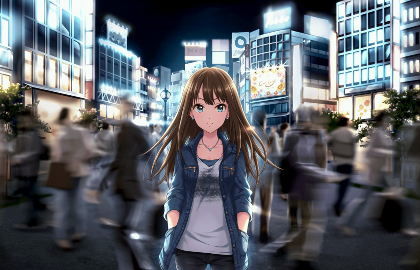 1girl analog_clock artist_request bangs billboard black_pants blue_eyes brown_hair city clock closed_mouth collarbone crowd denim denim_jacket dot_nose earrings eyebrows_visible_through_hair glowing hands_in_pockets idolmaster idolmaster_cinderella_girls idolmaster_cinderella_girls_starlight_stage jeans jewelry light_smile lights lips long_hair long_sleeves looking_at_viewer motion_blur necklace night night_sky official_art outdoors pants parted_bangs pocket print_shirt shibuya_rin shirt sky sleeves_rolled_up solo_focus standing star star_earrings stud_earrings thigh_gap tree unbuttoned white_shirt window wing_collar zipper