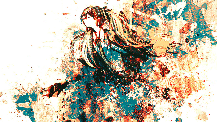 1girl abstract abstract_background alternate_hair_color bangs closed_eyes collared_shirt hatsune_miku headphones jacket long_hair long_sleeves meola miniskirt necktie open_clothes open_jacket orange_hair paint_splatter pleated_skirt shirt skirt solo twintails upper_body very_long_hair vocaloid wing_collar