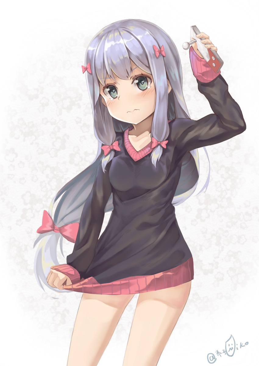 1girl 3:&lt; absurdres artist_name bangs closed_mouth controller cowboy_shot embarrassed eromanga_sensei eyebrows_visible_through_hair game_controller grey_eyes grey_hair highres holding izumi_sagiri legs_apart long_hair long_sleeves looking_at_viewer low-tied_long_hair shiny shiny_hair signature silver_hair sleeves_past_wrists solo standing sweater tears thighs v-neck wavy_mouth yonago_miko