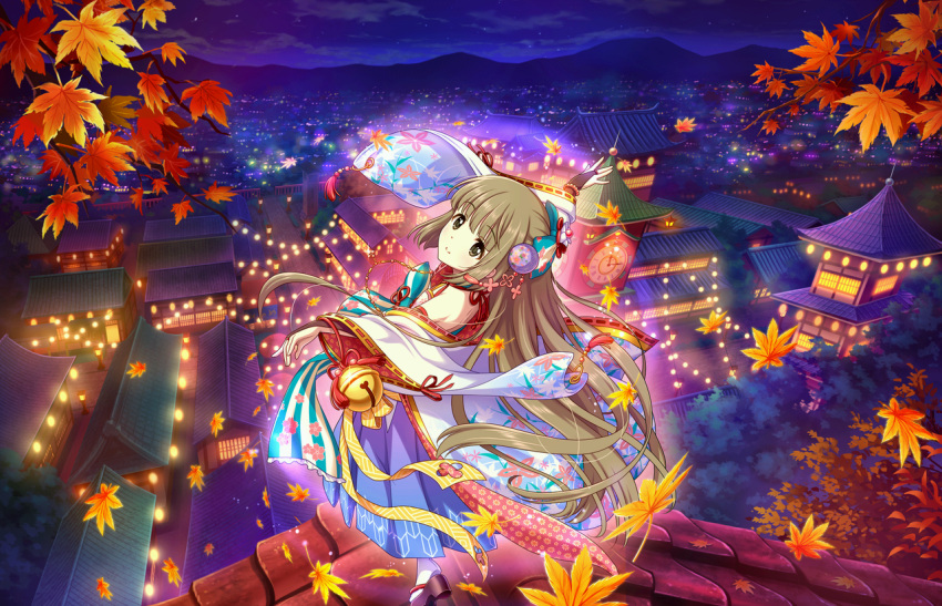 1girl \||/ aqua_bow architecture asa_no_ha_(pattern) autumn autumn_leaves bangs bare_shoulders bead_bracelet beads bell blue_hakama blue_sky bow bracelet bridal_gauntlets brown_eyes brown_hair cherry_blossom_print clock clock_tower clog_sandals closed_mouth clouds cloudy_sky dot_nose east_asian_architecture eyebrows_visible_through_hair floral_print furisode glint glowing hair_bow hair_ornament hakama idolmaster idolmaster_cinderella_girls idolmaster_cinderella_girls_starlight_stage japanese_clothes jewelry jingle_bell kanzashi kimono lantern leaf leaf_print long_hair looking_at_viewer looking_to_the_side maple_leaf maple_leaf_print night night_sky o-ring off_shoulder on_roof outdoors outstretched_arms pagoda path print_kimono red_ribbon ribbon ribbon-trimmed_sleeves ribbon_trim road rooftop sayagata shoulder_blades sky solo star_(sky) starry_sky stone_lantern tabi tassel tile_roof tower town tree very_long_hair white_kimono wide_sleeves window yagasuri yorita_yoshino