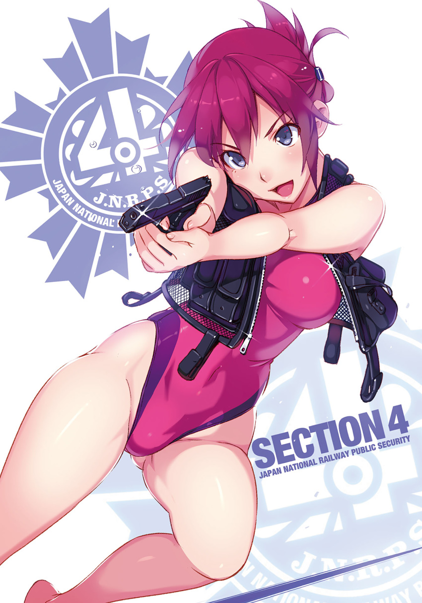 1girl :d aiming arms_up bare_legs barefoot blue_eyes breasts competition_swimsuit covered_navel glint gluteal_fold gun hair_ornament hair_up handgun highres large_breasts leg_up one-piece_swimsuit open_mouth pink_hair pink_swimsuit pistol rail_wars! sakurai_aoi scan short_hair smile solo swimsuit thighs vania600 vest weapon zipper