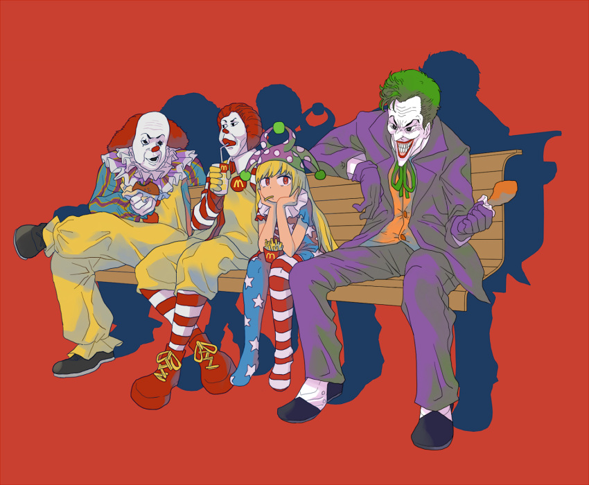 1girl 3boys american_flag_dress american_flag_legwear batman_(series) bench black_shoes blonde_hair clown clownpiece commentary_request crossover dress drinking eating food formal french_fries green_hair hamburger hat highres it_(stephen_king) jester_cap makeup mcdonald's multiple_boys neck_ruff okbnkn pants pantyhose pennywise polka_dot red_background red_shoes redhead ronald_mcdonald shoes short_dress simple_background sitting star star_print striped striped_legwear suit the_joker touhou trait_connection