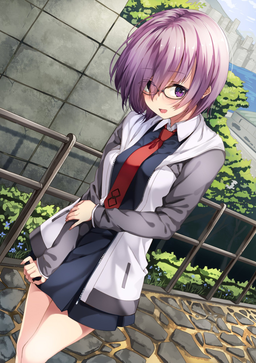 1girl bangs black-framed_eyewear black_dress blush day dress dutch_angle eyebrows_visible_through_hair fate/grand_order fate_(series) glasses hair_over_one_eye highres hood hoodie looking_at_viewer necktie no_legwear open_clothes open_hoodie open_mouth outdoors path purple_hair railing red_necktie road shielder_(fate/grand_order) short_hair smile solo standing thighs unasaka_ryou violet_eyes