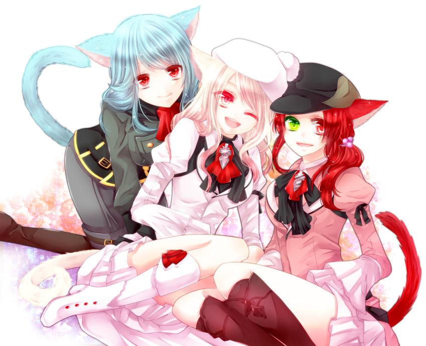 3girls ;d all_fours animal_ears blue_hair boots brown_boots cat_ears cat_tail final_fantasy final_fantasy_xiv green_eyes grey_pants hair_bobbles hair_ornament hat heterochromia highres ka_emu_(kaduki) leg_belt long_hair looking_at_viewer miqo'te multiple_girls one_eye_closed open_mouth pants pink_clothes red_eyes redhead sitting skirt smile tail white_boots white_hair white_hat white_legwear white_skirt