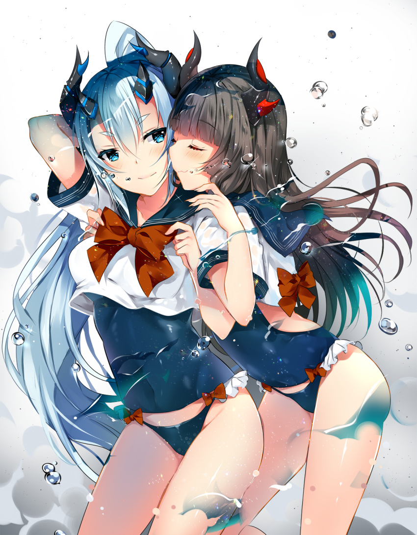2girls :3 black_hair blue_eyes blue_hair bow closed_eyes duji_amo frilled_swimsuit frills highres horns long_hair looking_at_another looking_back multiple_girls nontraditional_school_swimsuit original red_bow school_swimsuit school_swimsuit_flap school_uniform serafuku standing swimsuit swimsuit_under_clothes water yuri