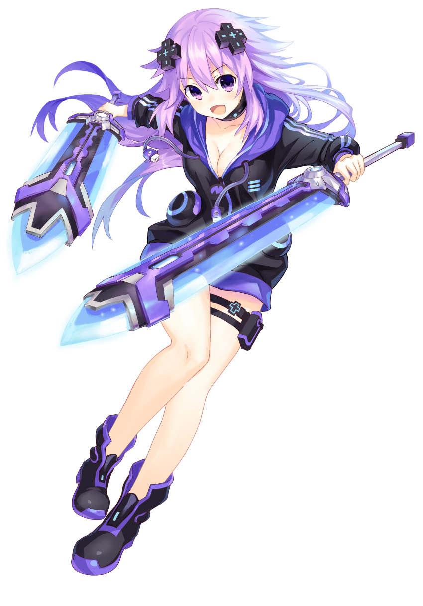 10s 1girl absurdres adult_neptune blush breasts choujigen_game_neptune cleavage d-pad dual_wielding hair_ornament highres holding holding_weapon hood hooded_track_jacket jacket large_breasts long_hair looking_at_viewer neptune_(series) purple_hair shin_jigen_game_neptune_vii smile solo sword track_jacket violet_eyes weapon
