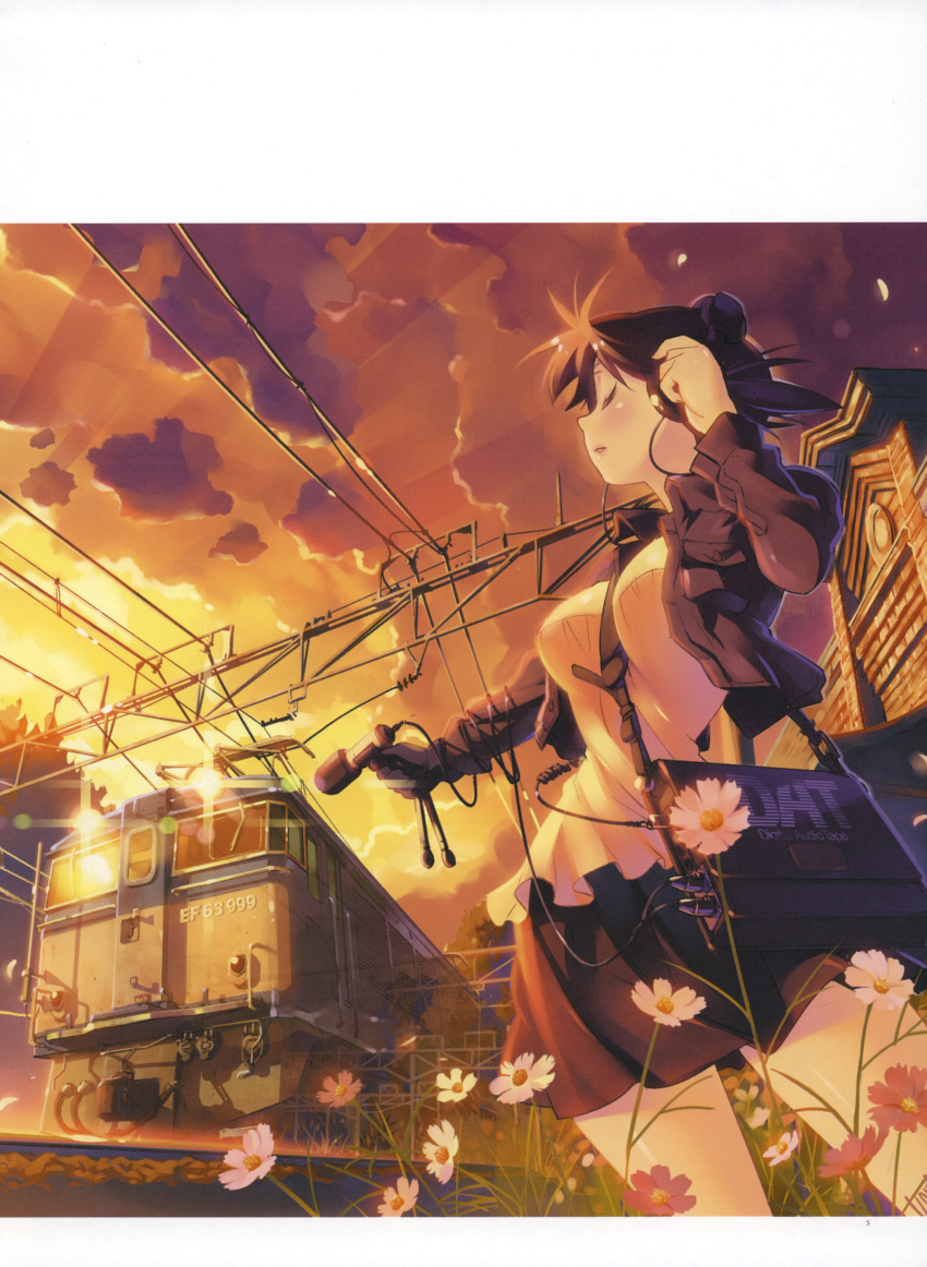 1girl 2008 absurdres bad_anatomy closed_eyes clouds copyright_request cosmos_(flower) cowboy_shot flower grass ground_vehicle headphones highres light_rays microphone outdoors pantograph petals profile scan short_hair sky solo sunbeam sunlight sunset tape_recorder train vania600