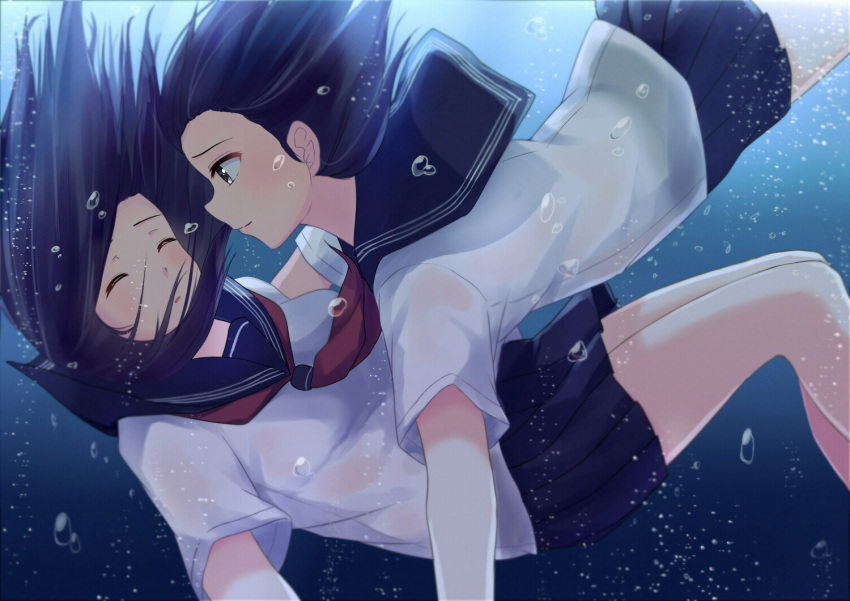 1girl air_bubble black_skirt blurry blush breath closed_eyes closed_mouth depth_of_field freediving from_side holding_breath itachi_kanade light_smile long_hair looking_at_another neckerchief original parted_lips pleated_skirt profile school_uniform serafuku short_sleeves skirt solo tears underwater yuri