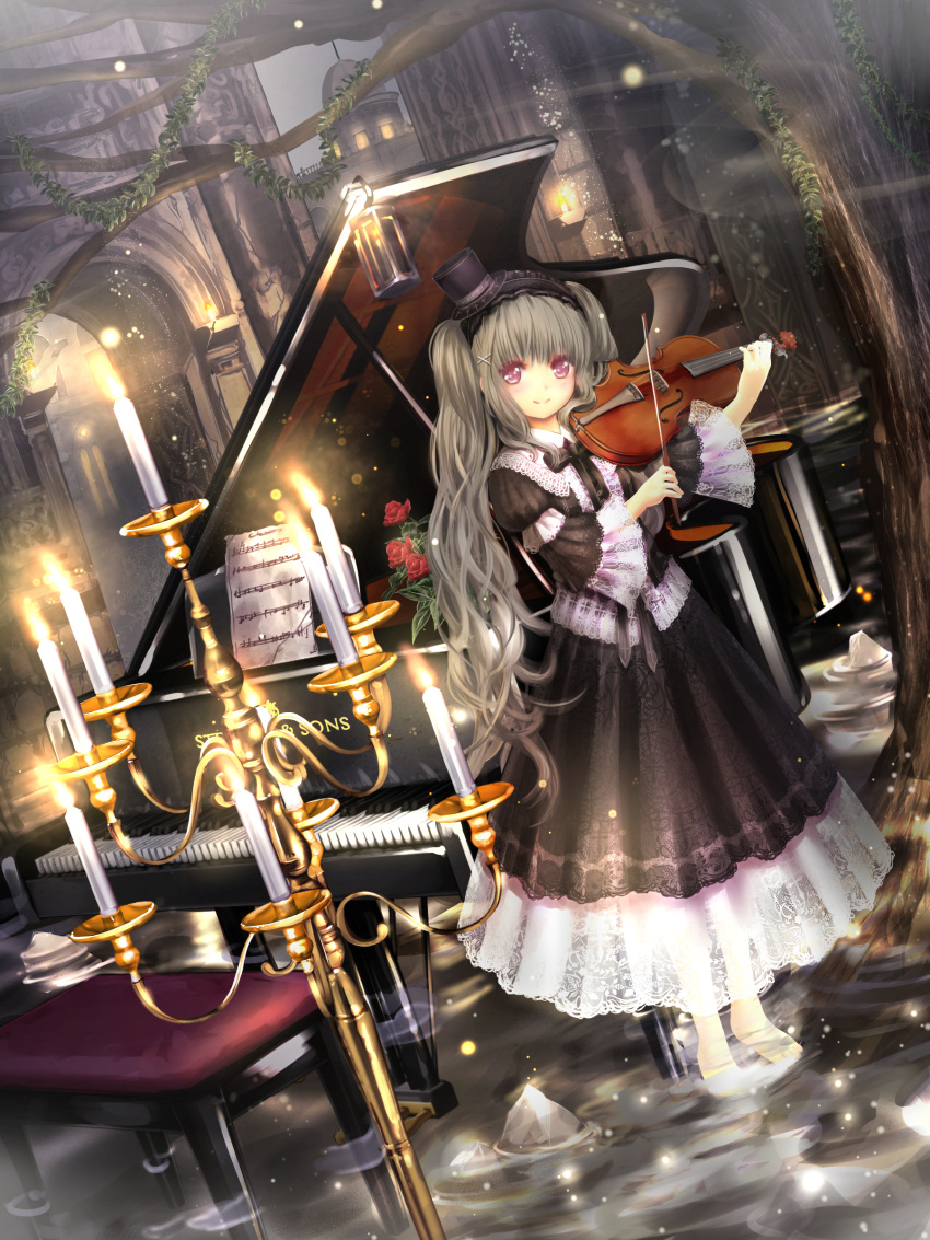 1girl absurdres barefoot candle catbell dress dutch_angle feet flower gothic_lolita grand_piano hairband hat highres instrument lolita_fashion lolita_hairband long_hair original piano piano_bench revision rose sheet_music smile solo top_hat tree twintails very_long_hair wading water wet