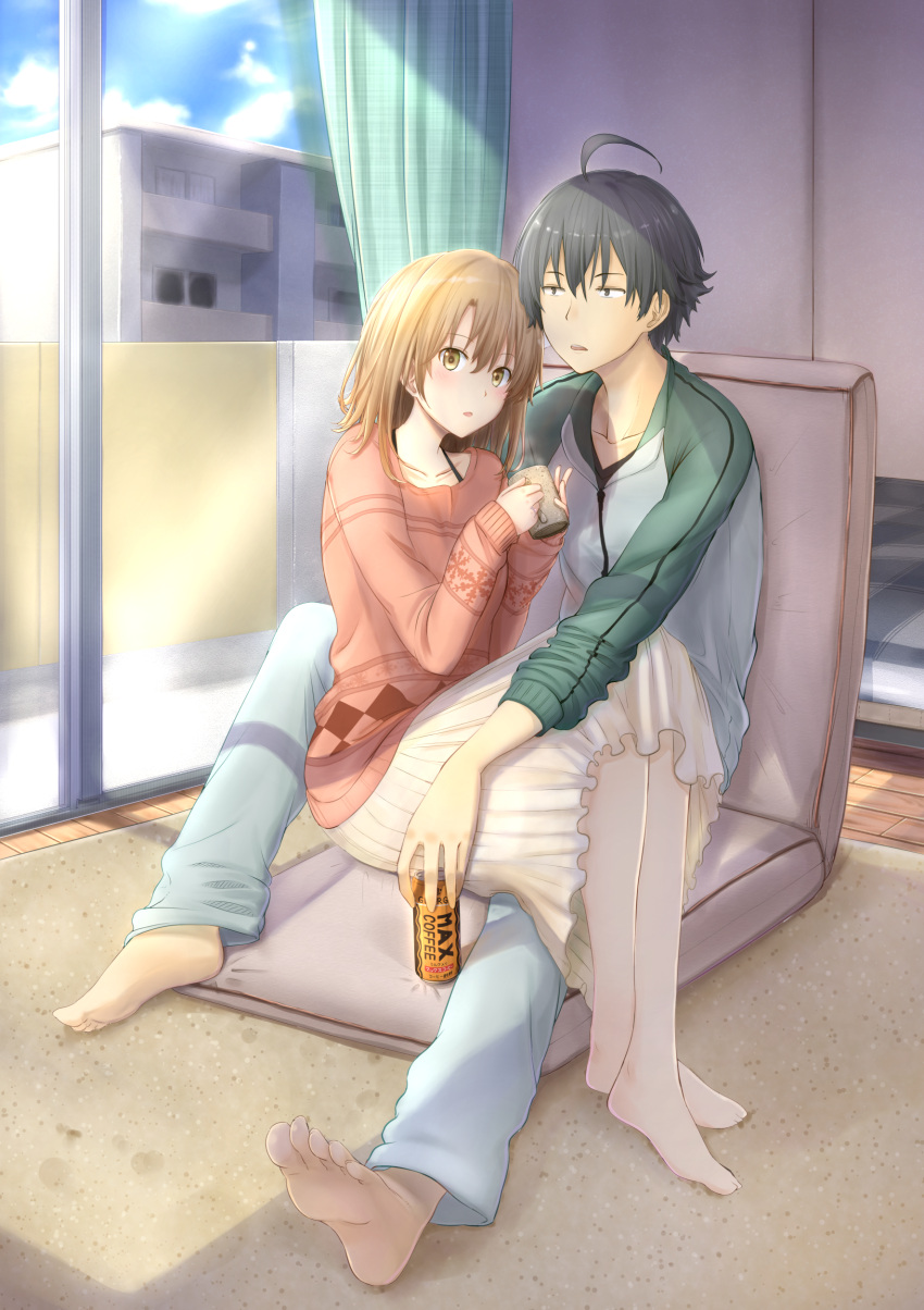 1boy 1girl absurdres ahoge balcony black_hair blue_sky brown_eyes brown_hair clouds coffee couple cup curtains hair_between_eyes highres hikigaya_hachiman isshiki_iroha long_skirt long_sleeves looking_to_the_side nentsuchi open_mouth short_hair sitting sitting_on_person skirt sky sweater window yahari_ore_no_seishun_lovecome_wa_machigatteiru.