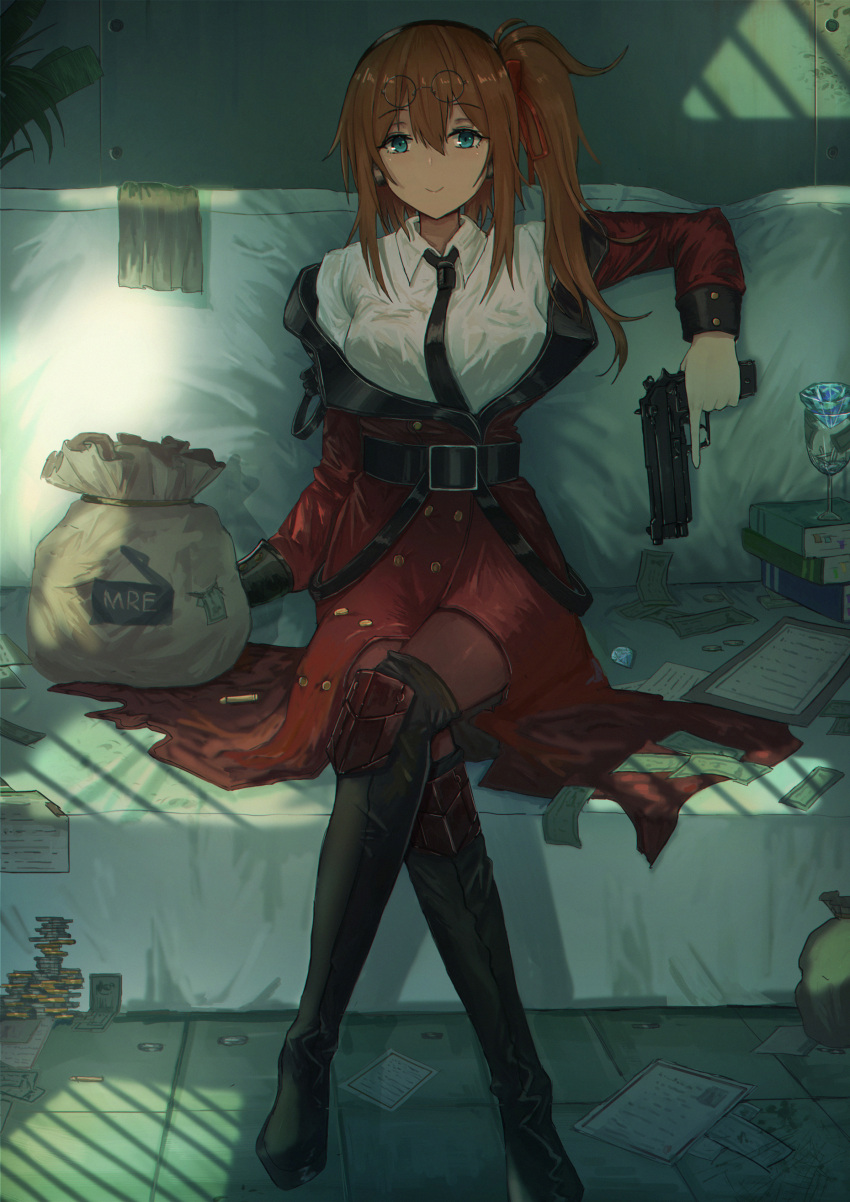 1girl absurdres aer7o ahoge alternate_costume bangs belt black_footwear black_legwear black_neckwear blonde_hair blue_eyes blush boots breasts brown_hair buckle bullet buttons cleavage coat collared_shirt couch double-breasted elbow_rest eyebrows_visible_through_hair eyewear_on_head girls_frontline gloves gun hair_between_eyes hair_ornament hair_over_shoulder hair_ribbon highres holding holding_gun holding_weapon indoors kalina_(girls_frontline) knee_pads large_breasts legs_crossed long_hair looking_at_viewer lounge necktie pantyhose red_ribbon ribbon round_eyewear shirt side_ponytail sidelocks sitting smile solo sunglasses thigh-highs thigh_boots thighs trigger_discipline weapon white_shirt