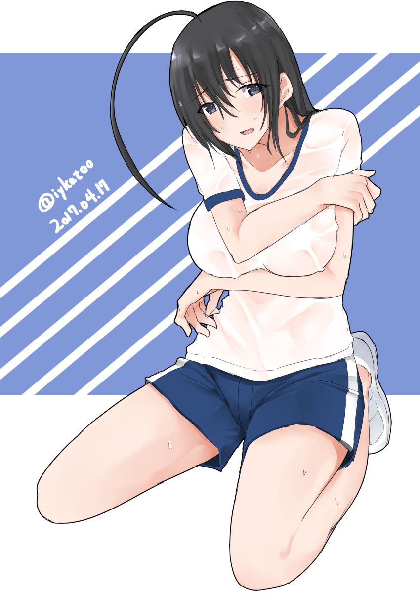 1girl absurdres ahoge bangs blue_shorts breast_hold crossed_arms dated full_body girls_und_panzer gym_shirt gym_shorts gym_uniform highres irukatto isuzu_hana kneeling long_hair looking_at_viewer parted_lips shirt shoes short_shorts short_sleeves shorts single_vertical_stripe sketch sneakers solo sweat twitter_username white_shirt white_shoes