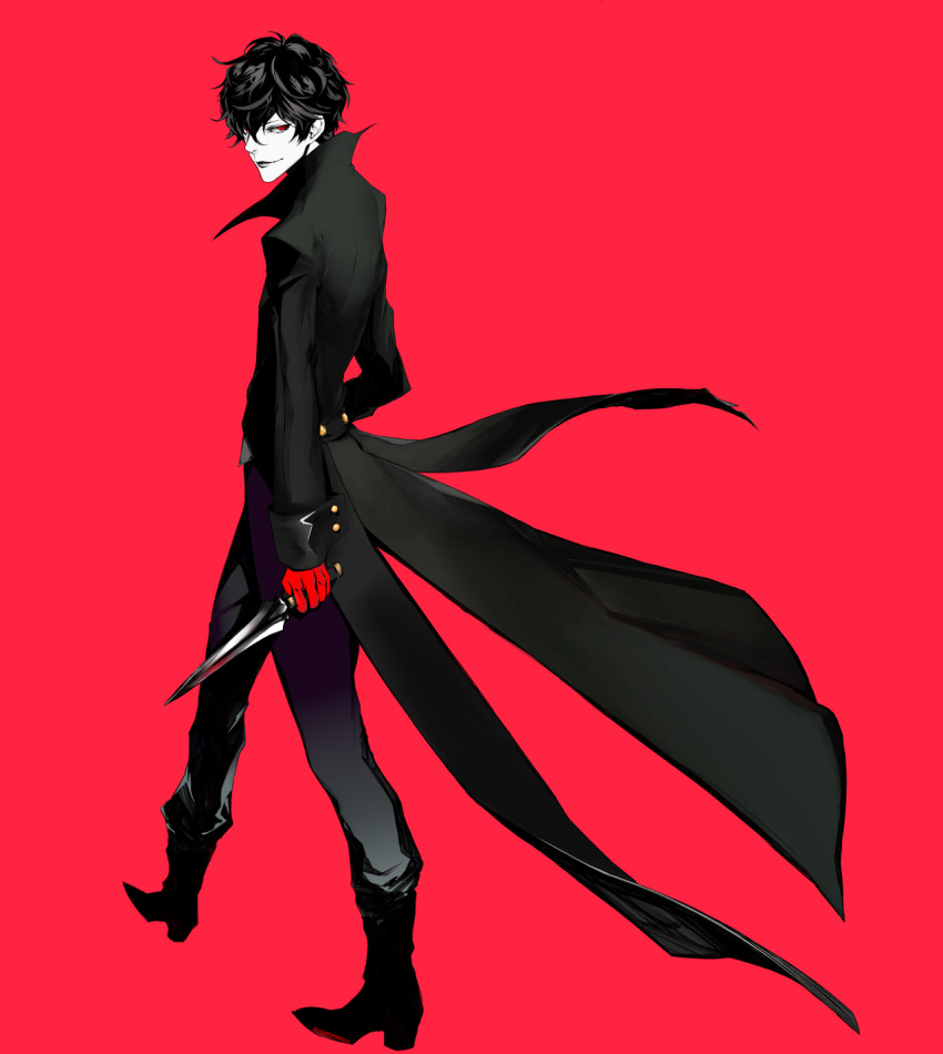 1boy arm_at_side black_hair boots buttons coat coattails floating_clothes from_side full_body gloves half-closed_eyes hand_on_hip high_collar highres holding holding_knife knife kurusu_akira lips long_sleeves looking_at_viewer looking_back male_focus mid4yellow no_glasses no_mask pants persona persona_5 red_background red_eyes red_gloves simple_background smirk solo walking white_skin