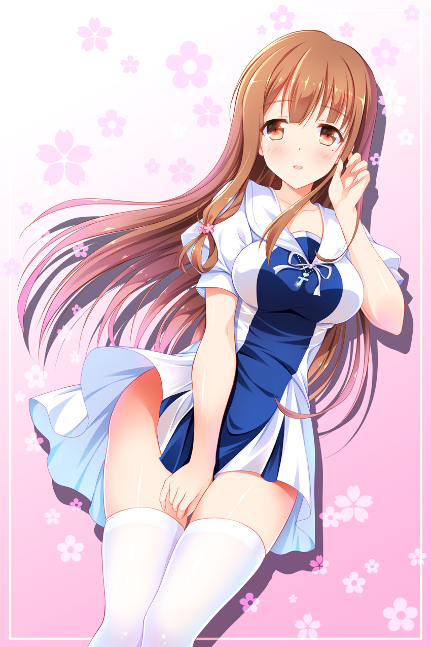 1girl blush brown_eyes brown_hair character_request collarbone dress dutch_angle eyebrows_visible_through_hair floating_hair fujinomiya_neko hair_ornament highres long_hair looking_at_viewer masamune-kun_no_revenge no_panties parted_lips shiny shiny_skin short_dress solo thigh-highs very_long_hair white_legwear yagami-all_hail_nanao