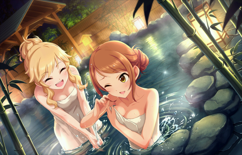 2girls :d ^_^ arm_up artist_request asymmetrical_eyebrows bamboo bangs bare_arms bare_shoulders blonde_hair blush breasts brown_eyes brown_hair cleavage closed_eyes cobblestone collarbone dot_nose dutch_angle eyebrows_visible_through_hair eyelashes facing_another fingernails hair_bun hair_over_shoulder hand_up happy houjou_karen idolmaster idolmaster_cinderella_girls idolmaster_cinderella_girls_starlight_stage lantern large_breasts leaning_forward long_fingernails looking_at_another medium_breasts multiple_girls naked_towel night night_sky official_art one_eye_closed onsen ootsuki_yui open_mouth orange_hair outdoors plant reflection ripples rock round_teeth sidelocks signpost sky smile sparkle splashing steam swept_bangs teeth towel v_arms wardrobe_malfunction water water_drop wavy_hair white_towel yellow_eyes