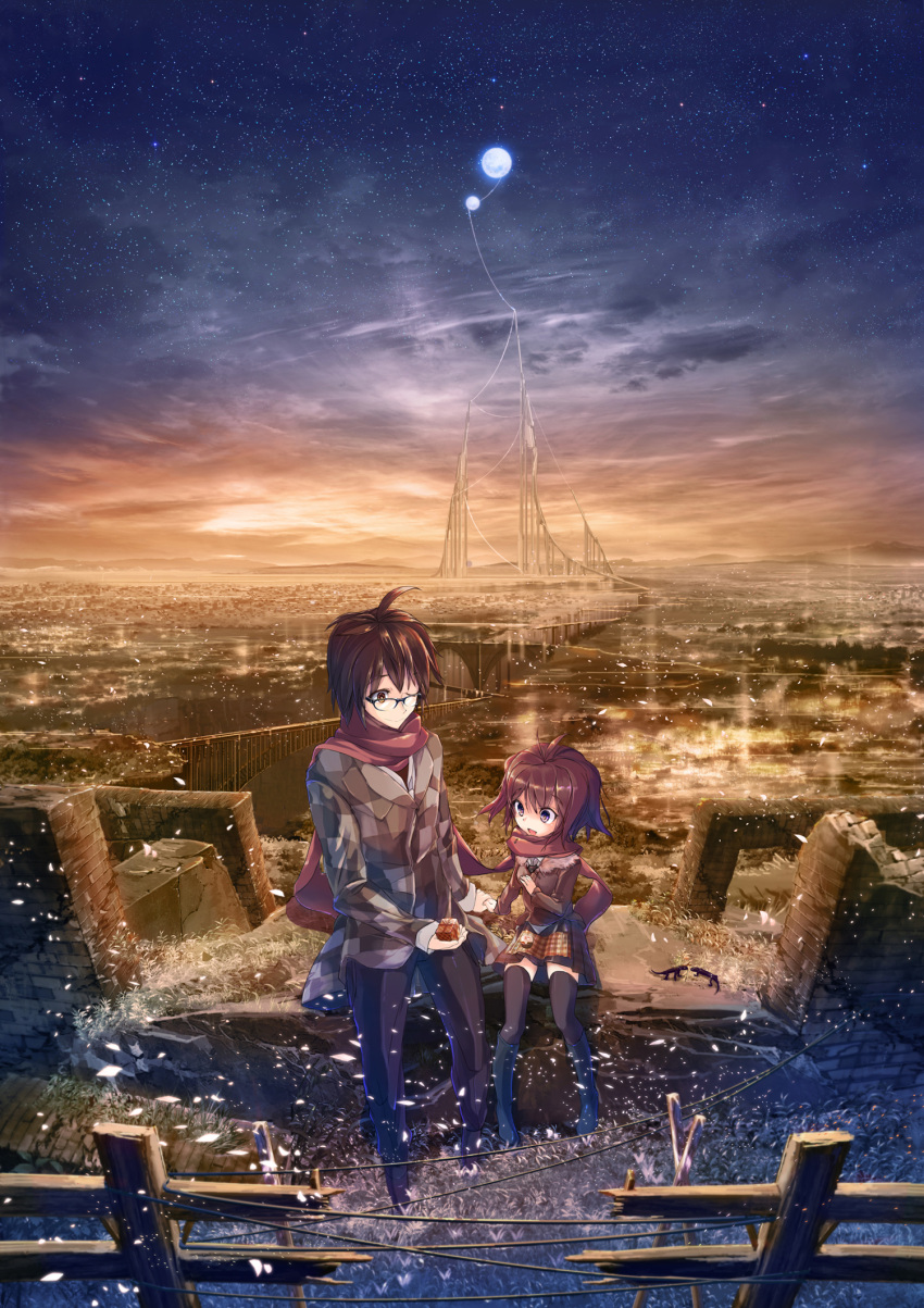 1boy 1girl ahoge black_hair black_legwear blush brown_eyes brown_hair fence gift highres holding holding_gift inzanaki looking_at_another open_mouth original short_hair sitting smile thigh-highs violet_eyes