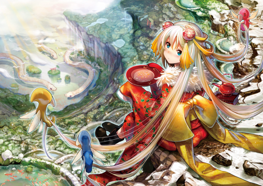 1girl blonde_hair blue_eyes bowl chachie holding holding_bowl long_hair looking_at_viewer multicolored_hair original sitting snake solo two-tone_hair white_hair